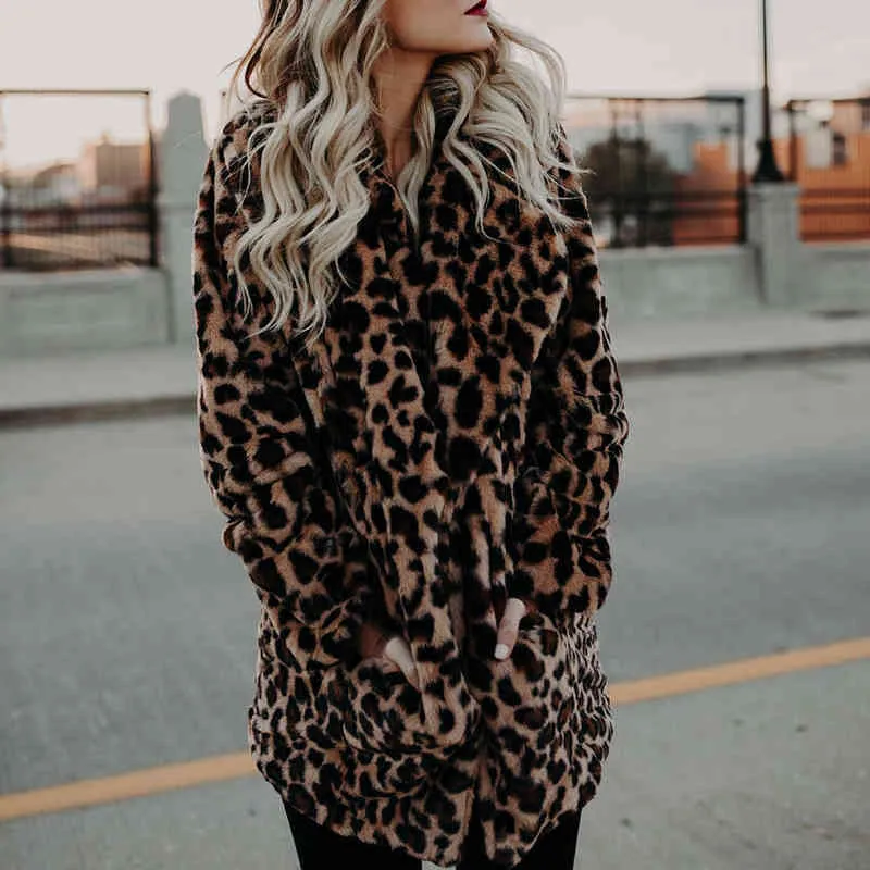 Moda abrigo de invierno abrigo de mujer de lujo de manga larga con cuello de solapa estampado de leopardo de lana grueso cálido Midi de talla grande 3XL 211220