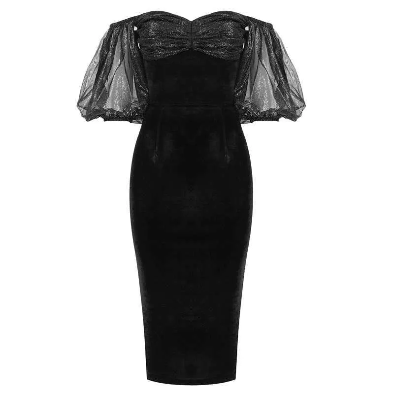 Femmes Sexy Designer Sparkly Noir Élégant Velours Midi Robe De L'épaule Celebrity Bodycon Party Robe 210527