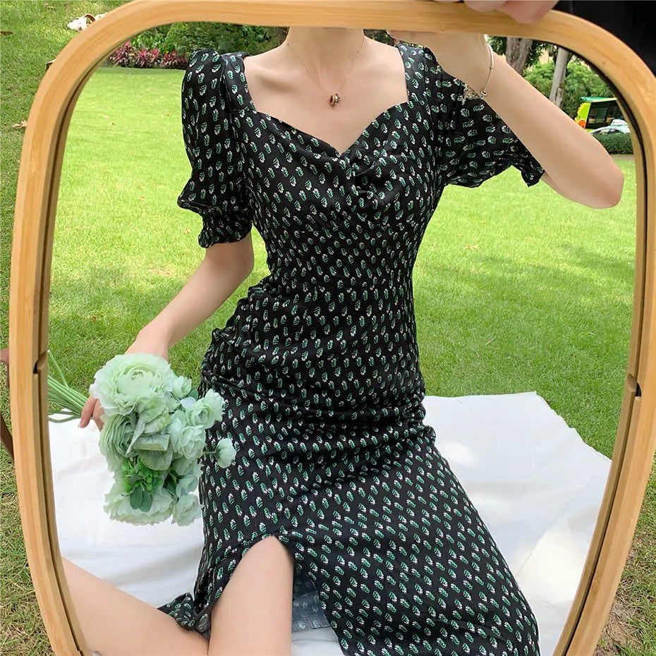 Franse floral thee break rok vierkante kraag split hoge taille lange jurk vrouwelijke zomer elegante gedrukte jurken 210601