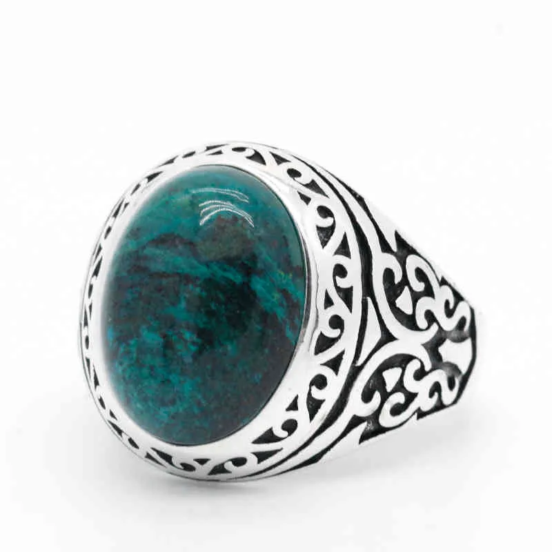 925 Sterling Men's Natural Phoenix Stone Rock Wedding/Party Fine Thai Silver Turkish Jewelry Women Ring