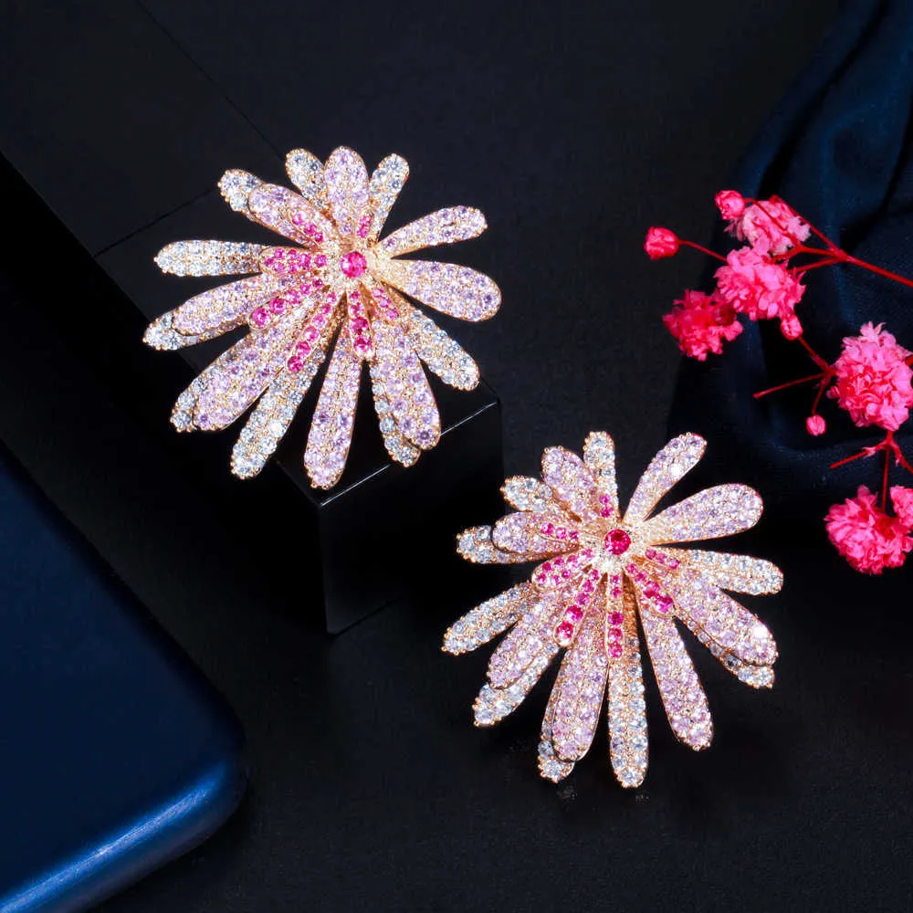 Pendientes de flores geométricas grandes con pavé de circonita cúbica roja y rosa de diseñador único para mujer joyería de lujo CZ884 2107141786839
