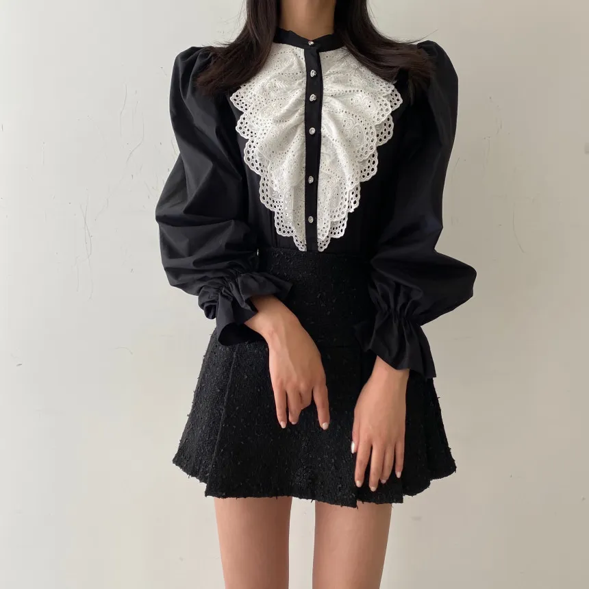 Comelsexy Retro French Style Lace Shirts All Match Women Streetwear Fashion Brief Office Lady Elegance Blouse Tops 210515