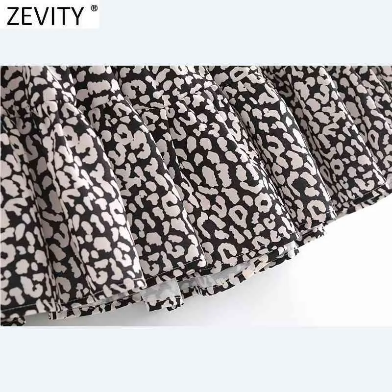 Femmes Vintage col en V numérique imprimé léopard ourlet pli volants Mini robe dame à manches longues Chic affaires Vestido DS4770 210420
