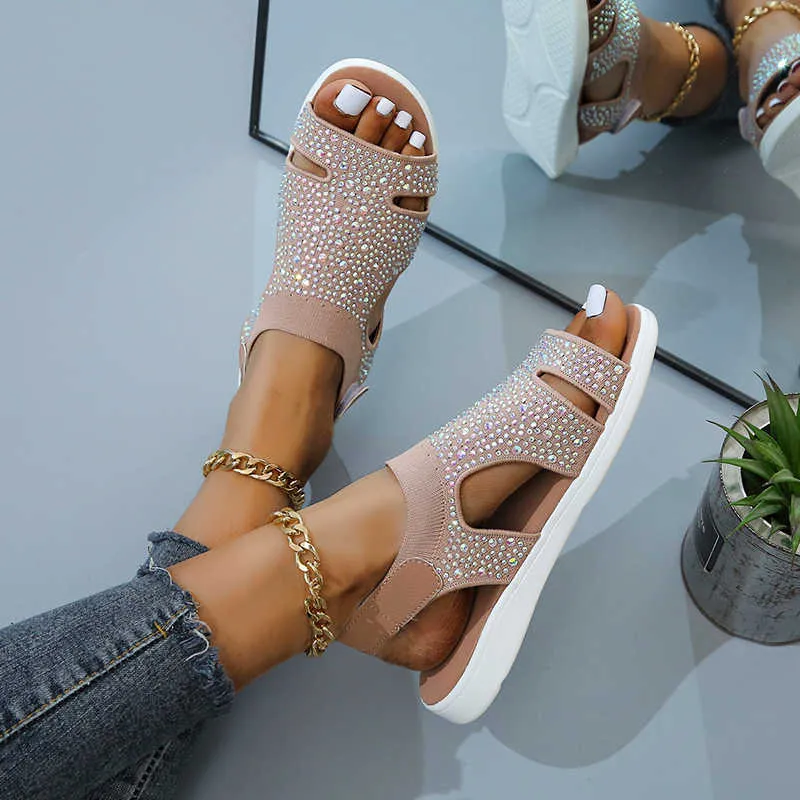 2021 New Summer Women Sandals Sexy Shoes Crystal Casual Woman Flats Buckle Strap Ladies Fashion Beach Shoe Big size 36-43 Y0608