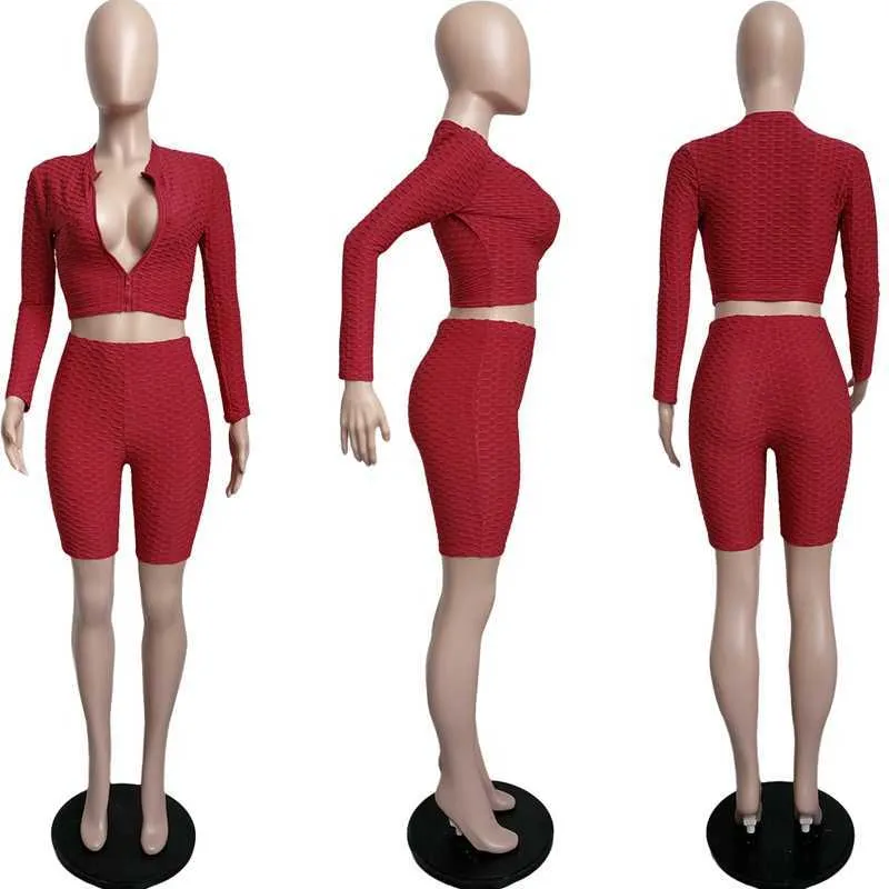 HAOYUAN, conjunto Sexy de dos piezas, Top corto de manga larga, pantalones cortos de motorista para mujer, chándal de verano para Fitness, conjuntos de ropa de descanso, conjuntos a juego Y0719