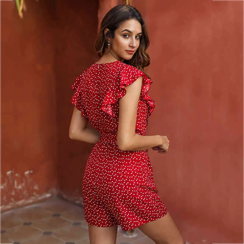 Foridol Ruche Mouwloze Polka Dot Rode Rompertjes Overalls voor Dames Casual Sash Zomer Strand Playsuits Wide Leg Rompertjes 210415