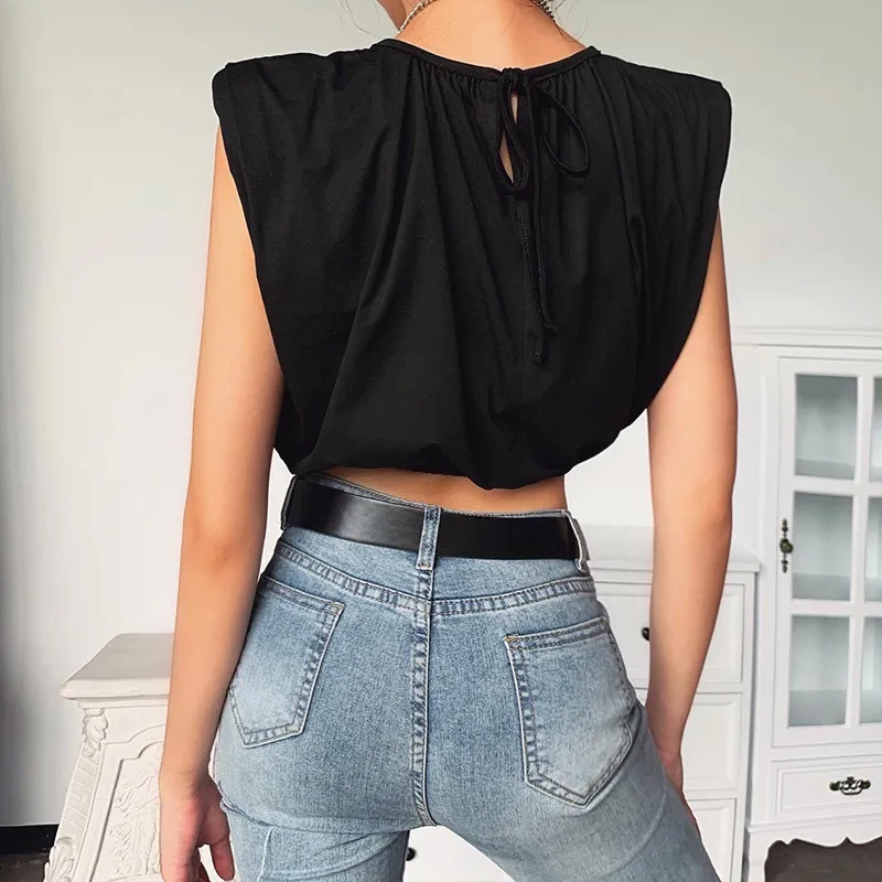 Nieuwe hoge taille bottoming shirt straat dames katoen dikke schouder crop top zwart gothic mouwloos sexy 210419