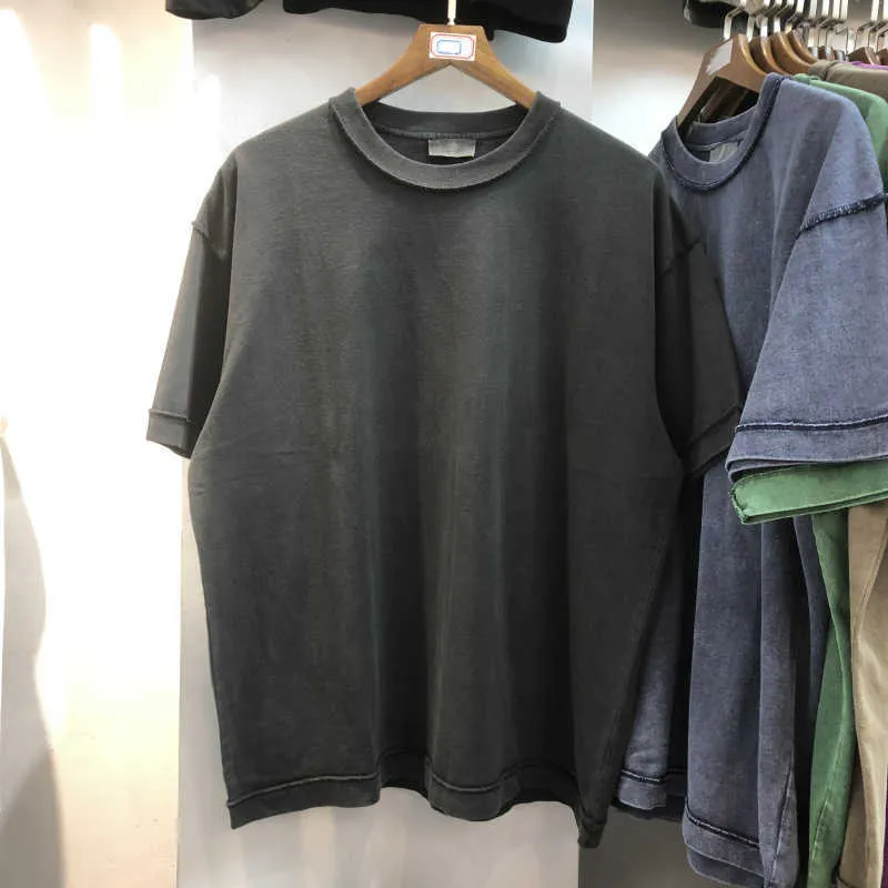 メンズTシャツトレンディーask基本的なハイストリートウォッシュ使用偽2人の男性のラウンドネックルーズン半袖Tシャツ