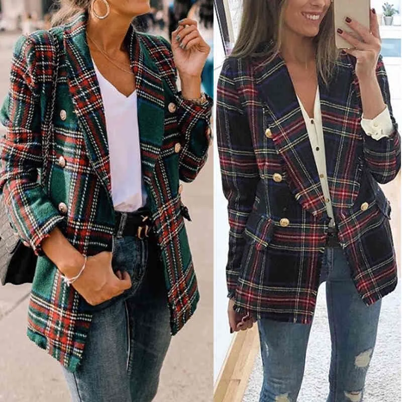 Casual Light Tan Automne Femmes Trench Coat Split Joint Élégant Manches longues Plaid Coupe-vent Plaid 210515