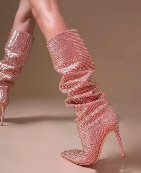 Bling cor-de-rosa cristal strass saltos finos saltos plissados ​​joelho alta botas sexy mulher apontou o tubo de festa de toe deslizamento em sapatos longos botas