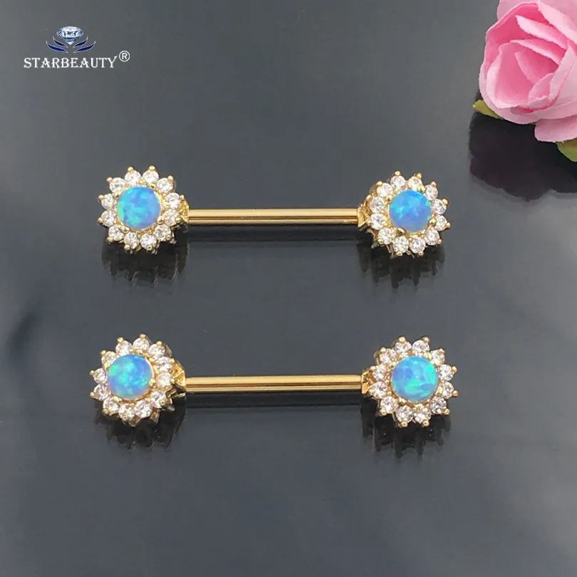 2 st / parti 14g Luxury Natural Opal Ring Tongue Nippel Piercing Shield Rose Gold Färg Rostfritt Stål Barbell Sexiga Smycken