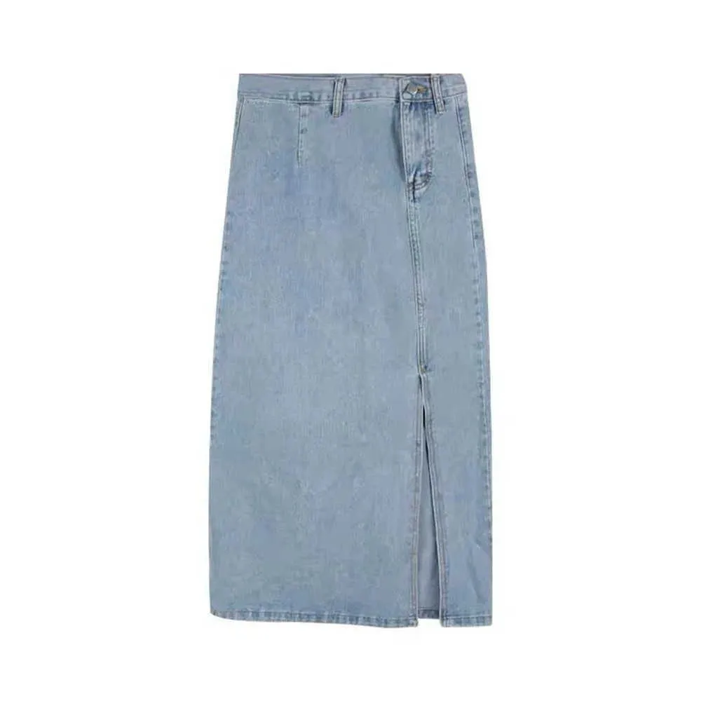 Vintage Simple Side Slit Denim Lange rok vrouwelijke hoge taille vaste hoge taille Jean rokken Koreaanse stijl vrouwen streetwear kleding 210619