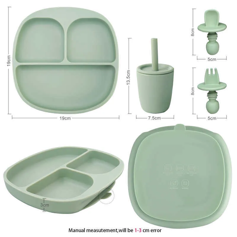 Design Vaisselle pour enfants Plats d'alimentation Assiettes Plaque sur la ventouse Fourchette de qualité alimentaire Cuillère Paille Bébé Trucs 211026