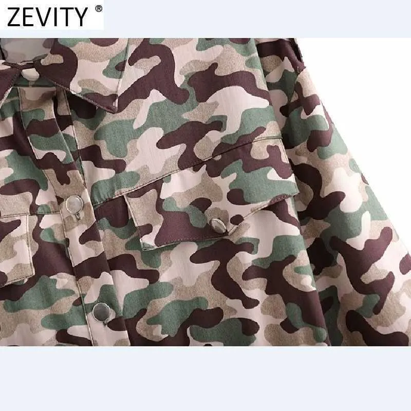 ZEVITY femmes Vintage Camouflage imprimé boutonnage chemise robe femme trois quarts manches ceintures Vestido Chic rétro robes DS8386 210603