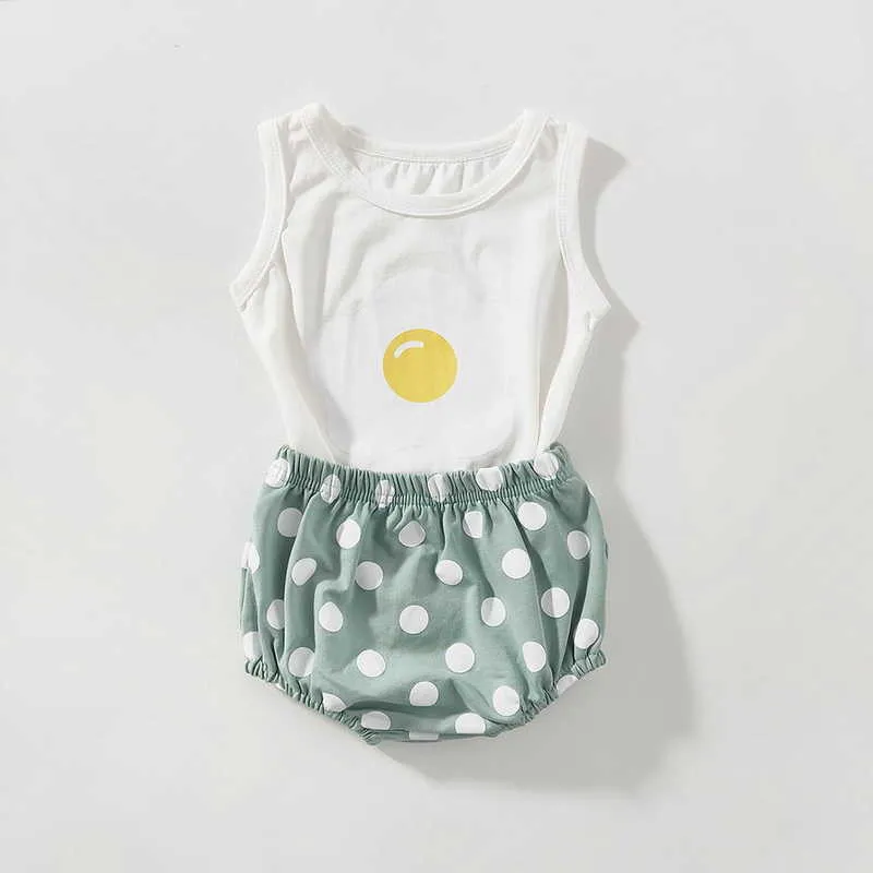 Sommar Baby Boys Girl 2-PCs Sets Cartoon Egg Vest + Elastisk Midja Polka Dot Shorts Sport Style Born Kläder E6002 210610