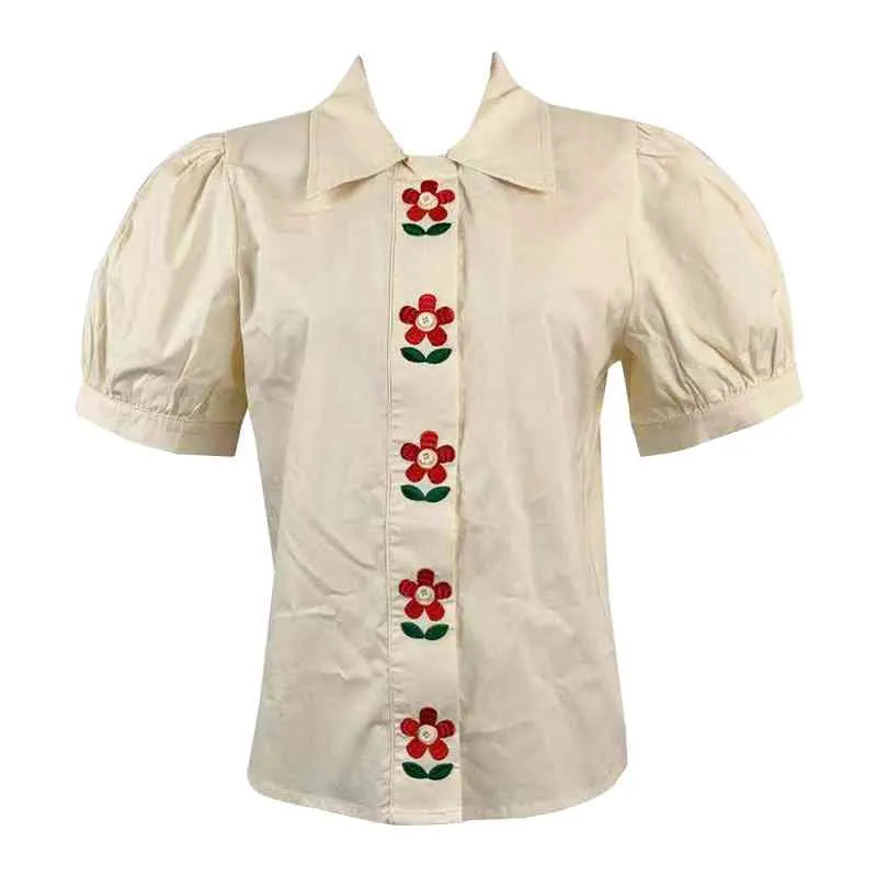 キムトモ花刺繍ブラウス女性シングルブレストシャツ女性夏スリムソリッドカラー半袖トップエレガント210521