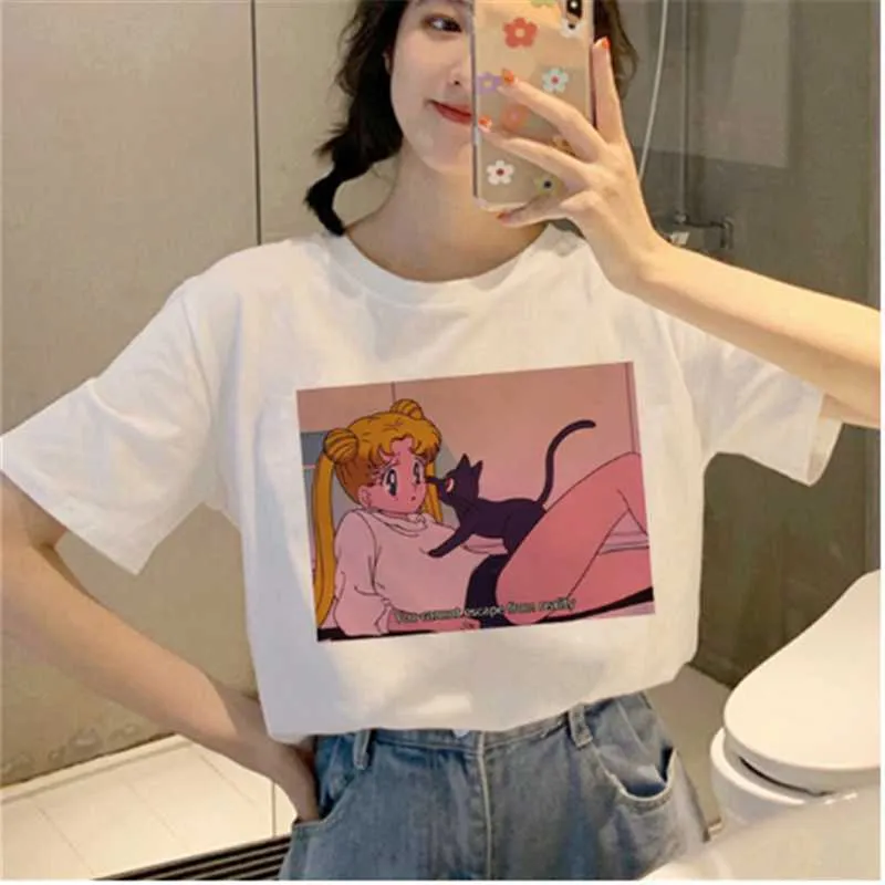 Aowof Sailor Moon Harajuku Ullzang Koszulka Koszulka Koreańska Koszulka 90. Graficzna Śliczna Estetyczna koszulka Fun Kawaii Top Tee Girl X0527