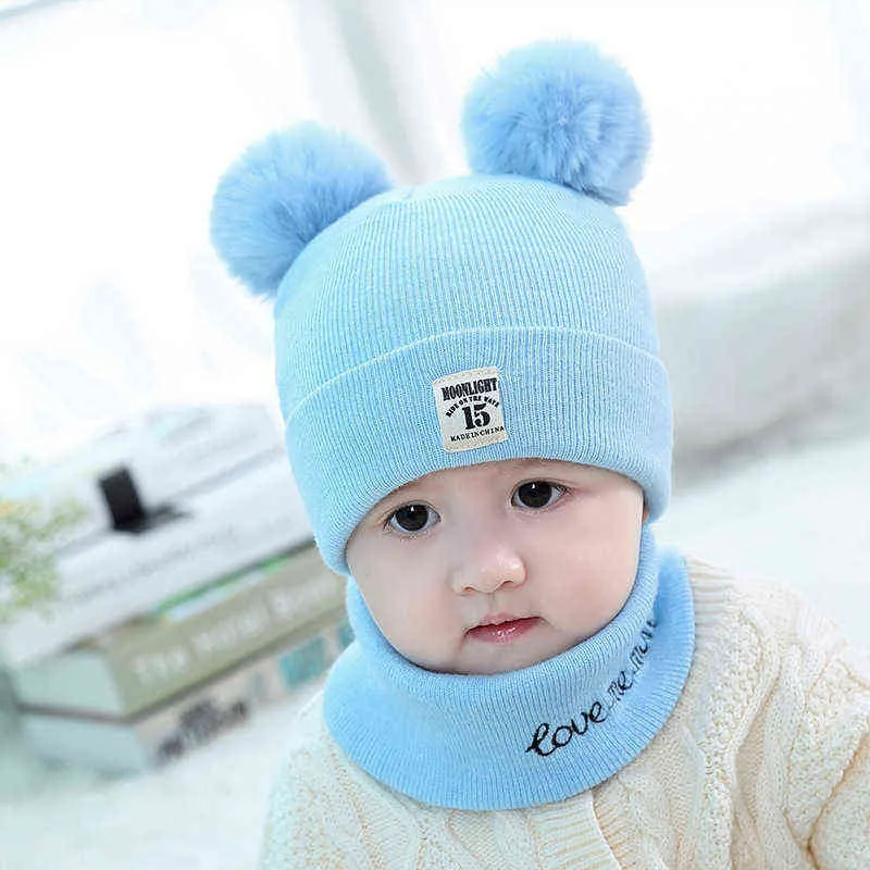 2 шт. Newborn Baby Hats Hats Малыш Шляп Шарф набор зимний шанс с милыми Pompon Baby Hats Теплый капот Cap Fit для 0-24 месяцев Y21111