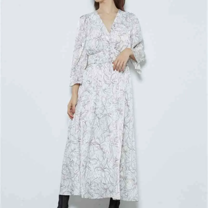 Français élégant Chic imprimé taille haute femmes robes Vintage col en V Slim Fit esthétique Vestidos printemps été doux doux robe 210514