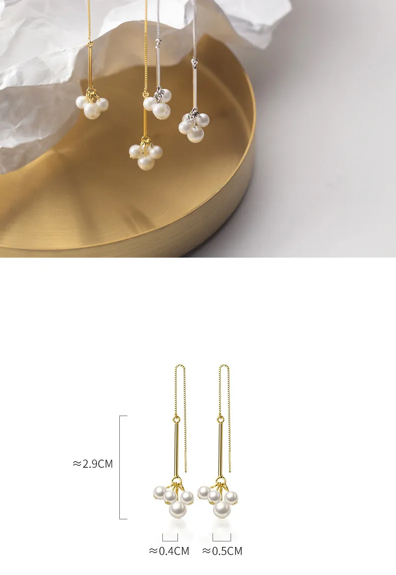 Orecchini pendenti con goccia di perle eleganti in argento sterling oro con catena lunga orecchio le donne Gioielli minimalisti S925