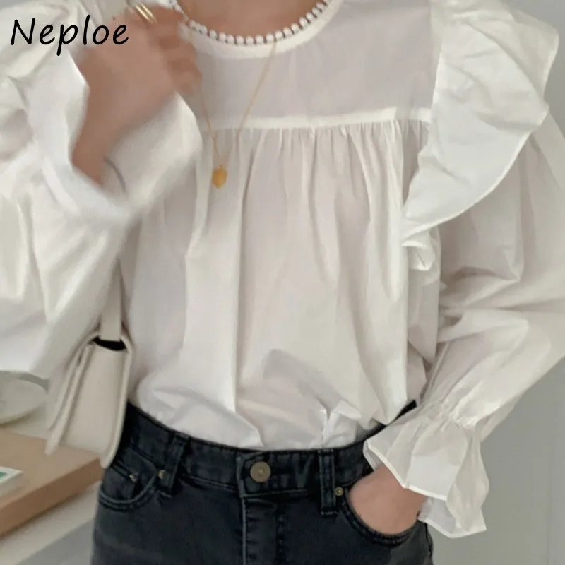 O Neck Flare Long Sleeve Pullover Blouse Women Work Style Ol Ruffles Blusas Spring Solid Shirt Feminino Wild 210422