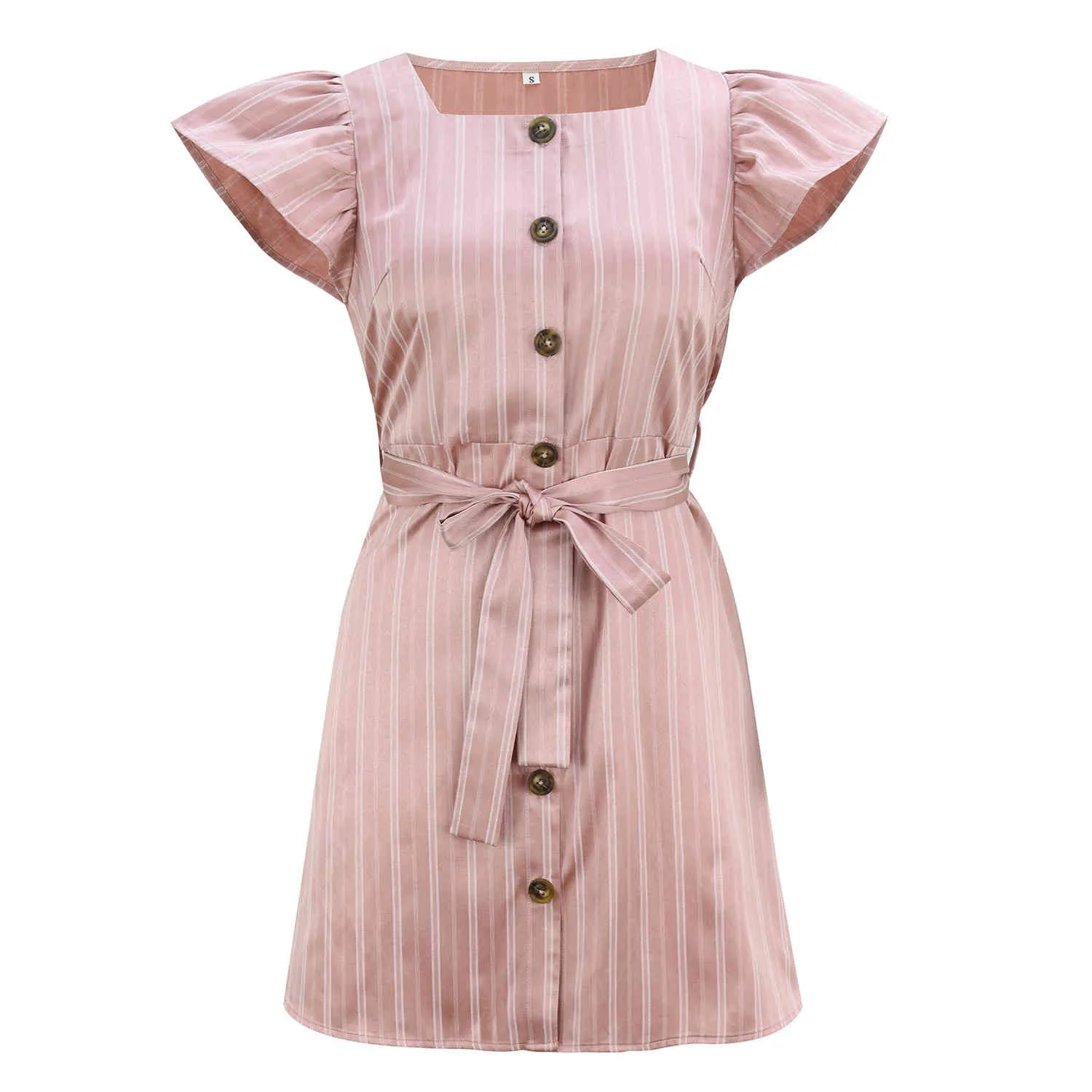 Różowy Paski Sweet Mini Dress Ruffles Krótki rękaw Przyciski Slim Sukienki z pasem Grils Lato 210524