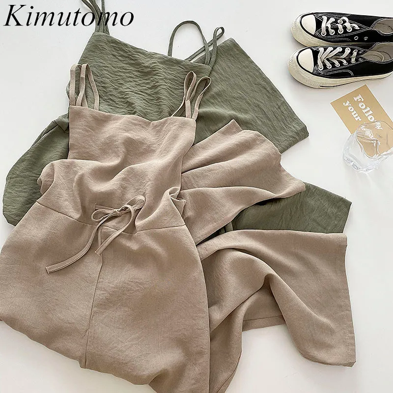 Kimutomo, mono con tirantes de Color sólido, mono informal de pierna ancha con cordón de cintura alta para mujer de verano coreano para mujer 210521