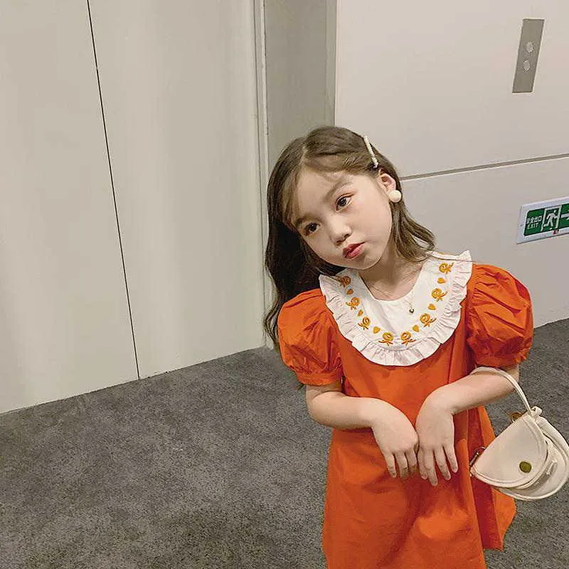 Yaz Genç Kız Elbise Turuncu Kırmızı Peter Pan Yaka Prenses Elbiseler Sevimli Stil Moda Giysileri E1020 210610