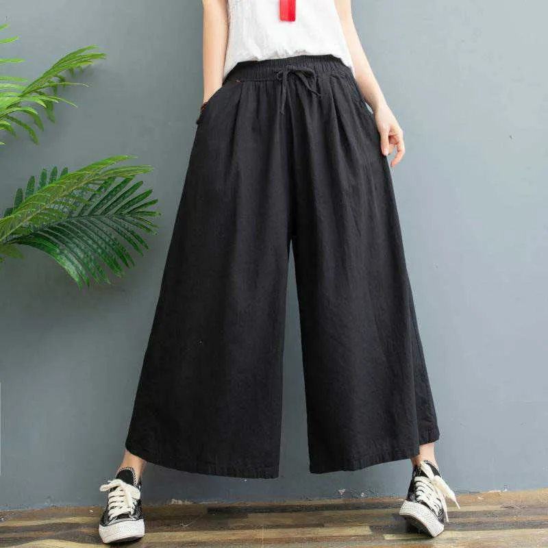 Plus Size Cotton Linen Pants Women Spring High Waist Calf-Length Wide Leg Casual Summer Trousers Women's Streetwear 210925