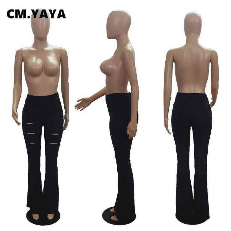 CM.YAYA grande taille trou pantalon femmes pleine longueur maigre taille élastique solide Flare pantalon printemps automne haute couture dame pantalon 211124