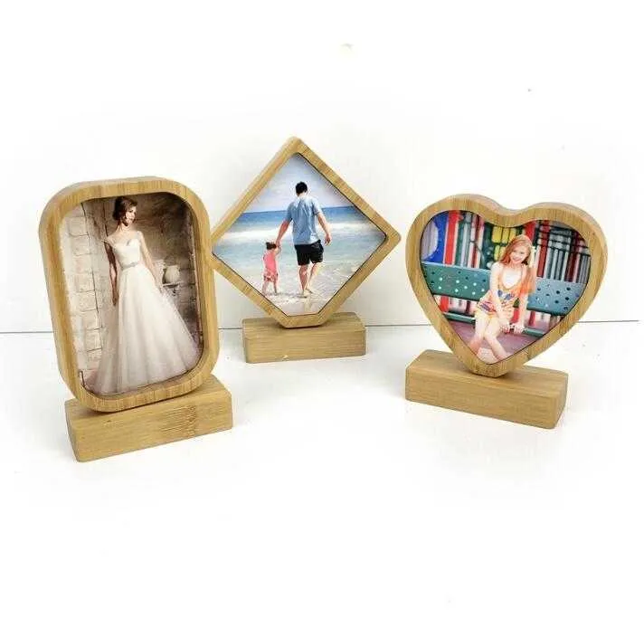 Bamboos Sublimation Blank Photo Frame With Base DIY Double Sided Wood Love Heart Round Frames Magnetism Picture Painting Decoration wmq1367