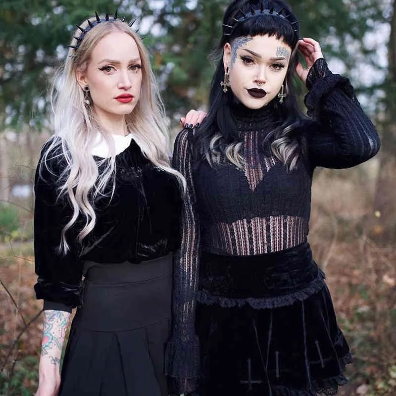 Women Gothic Black Lace Trim Skirt Female Embroidery Cross Sexy Dark Patchwork Punk Fleece Skirts Summer Y2K Clothes 210517