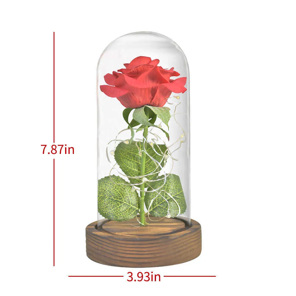 Tropfen Sie eine rote/weiße/schwarze ewige Rosenblume in einer Glaskuppel mit LED-Licht und Holzsockel. Valentinstag-Weihnachtsgeschenke für Frauen 210624