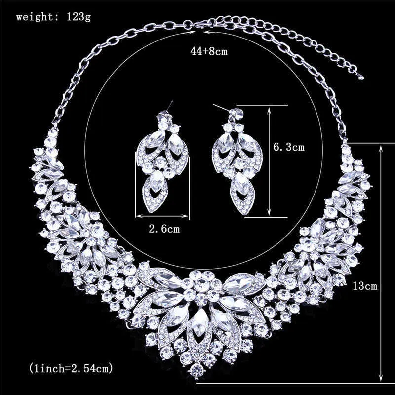 Nieuwe ontwerp chique bloem holle witte kristallen ketting oorbellen sieraden set bruiloft kristal bruidskostuum accessoires voor vrouwen H1022
