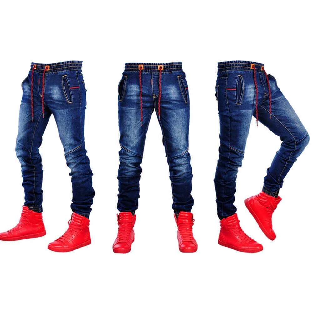 Mäns draped jeans byxor hip hop jeans slim män jogging mitten midja jeans mager hög elastisk penna ren färg långa byxor x0621