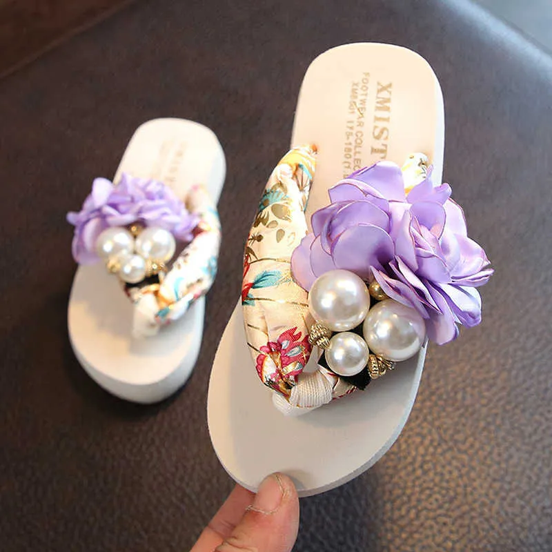 Summer Non-slip Kids Flip Flops Girls Fashion Beach Shoes Pinch Sandals Flower Slippers Girl's Outer Wear 210712