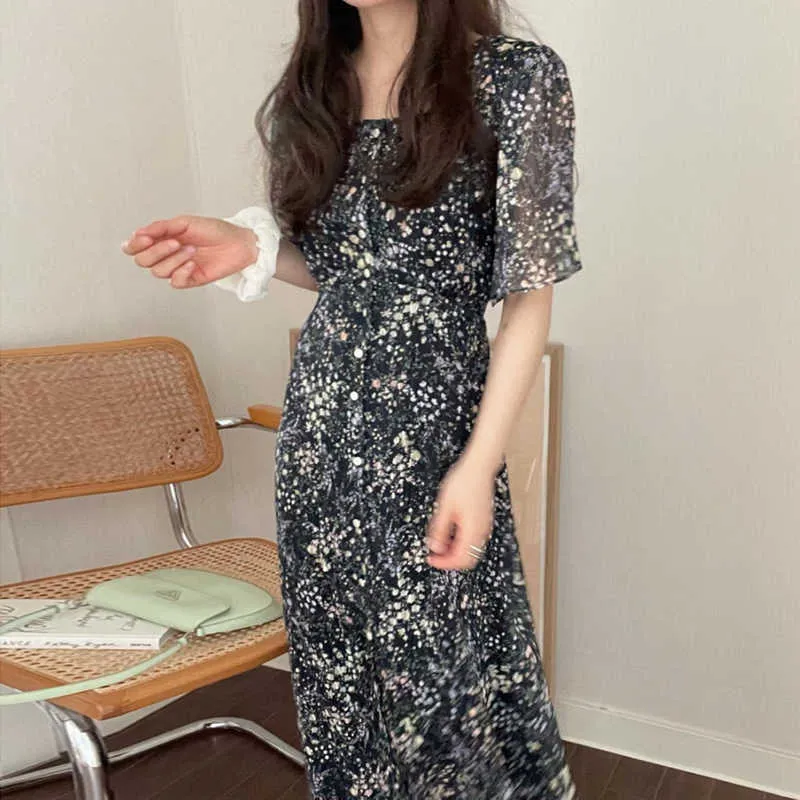 Korejpaa Vestido de mujer Corea temperamento elegante cuello cuadrado textura de encaje cintura de un solo pecho Vestido de manga corta 210526