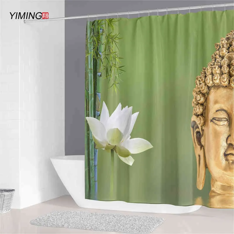 YIMING 3D pierre eau courante bouddha imperméable à l'eau résistant aux moisissures lavable rideau de douche Zen 210402