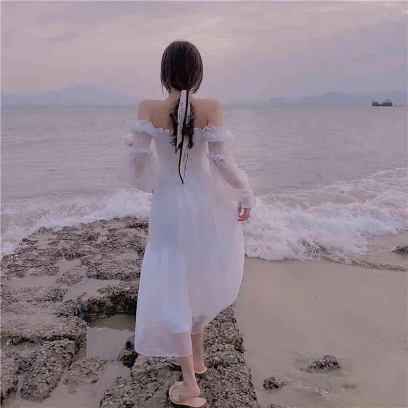Summer Elegant Casual Fairy Dress Female Beach Dress Korean Chiffon Lace French Vintage Midi Dess Women Chic 210521