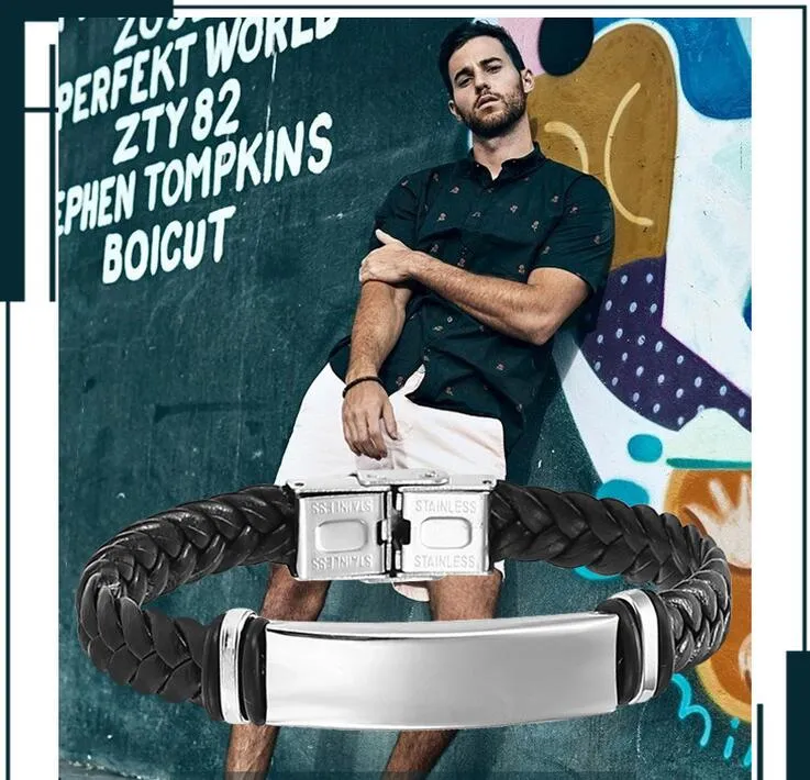 4 piezas de hip hop dorado para hombre en cuero sintético de PU trenzado con acero inoxidable pulido negro o marrón Accesorios de moda con estilo Pulseras punk únicas