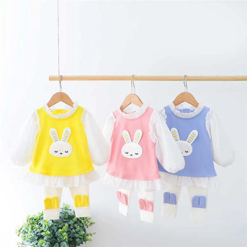 HYLKIDHUOSE Set di abbigliamento ragazze Primavera Autunno Baby Rabbit T-shirt in pizzo Pantaloni Bambini Abbigliamento bambini Abbigliamento casual neonato