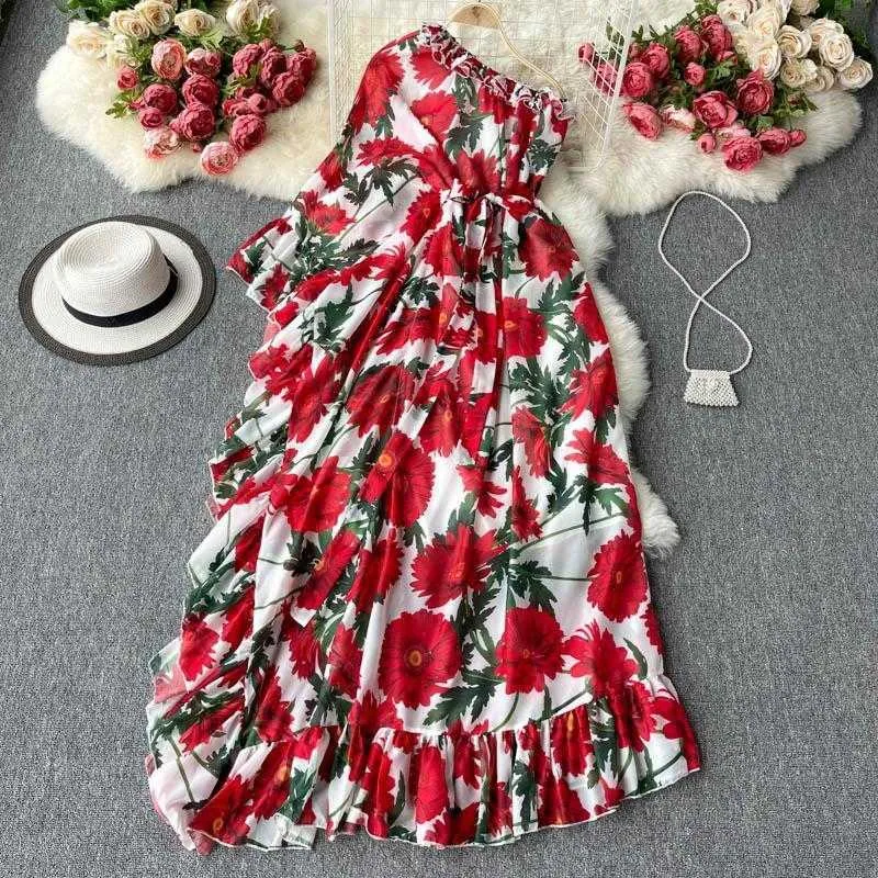 2021 Sommarferie Boho Maxi Dress Women's Off Shoulder Chiffon Floral Print Ruffles Lossa Eleganta Sexiga Långa Kvinnor Y0823