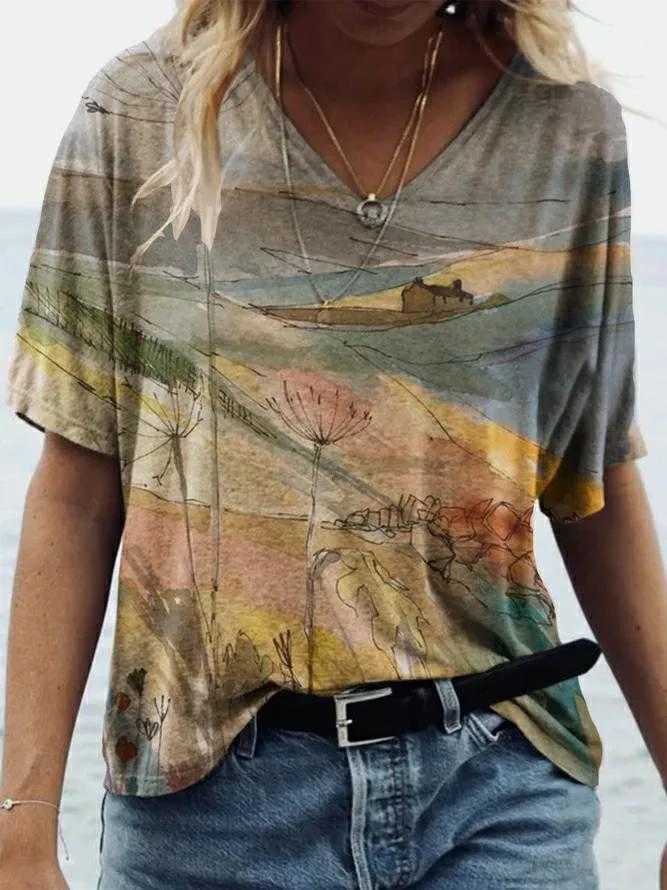 T-Shirt Mode Große Größe Tops Frauen Casual V-Ausschnitt Hemd T-Shirts Damen Lose Blumendruck Tunika 210720