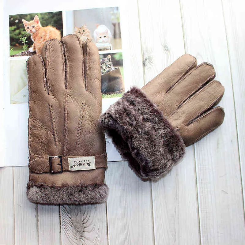 シープスキンファーグローブメンズ濃厚冬暖かいサイズの屋外風力防止コールドハンドステッチ縫製革の指の手袋2112207f