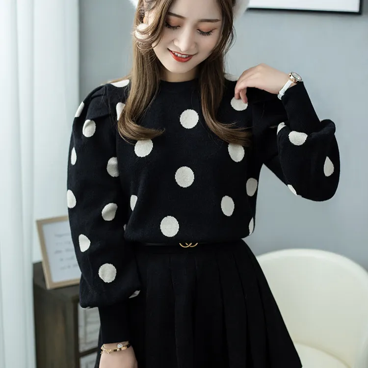 Moda Jumper Jesień Zima Polka Dot Dzianiny Sweter Kobiety Koreańscy Swetry Overse Swetry Kobiet Puff Sleeve Wild Pullover 210420