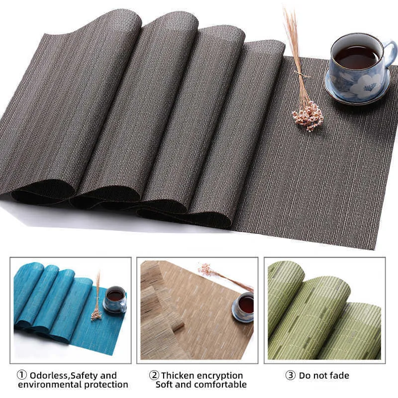 Solid Color PVC Vinyl Tafel Runner Set Bamboe Patroon Hittebestendige Matten Decoratie Accessoires Home Doek 210708