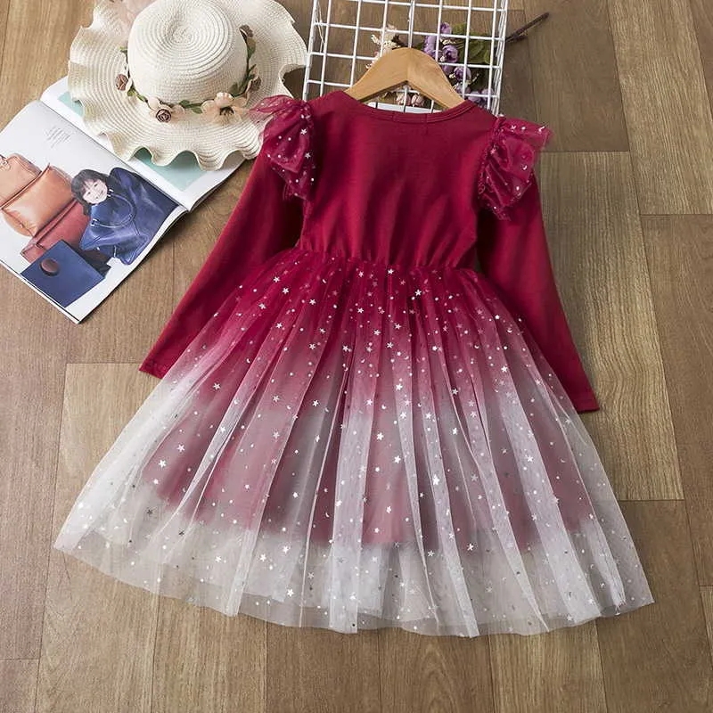 Partihandel Spring Girls Party Dress Långärmade Solid Färg Starry Sky Sequins Tårta Klänningar För Bröllop Barnkläder E2201 210610