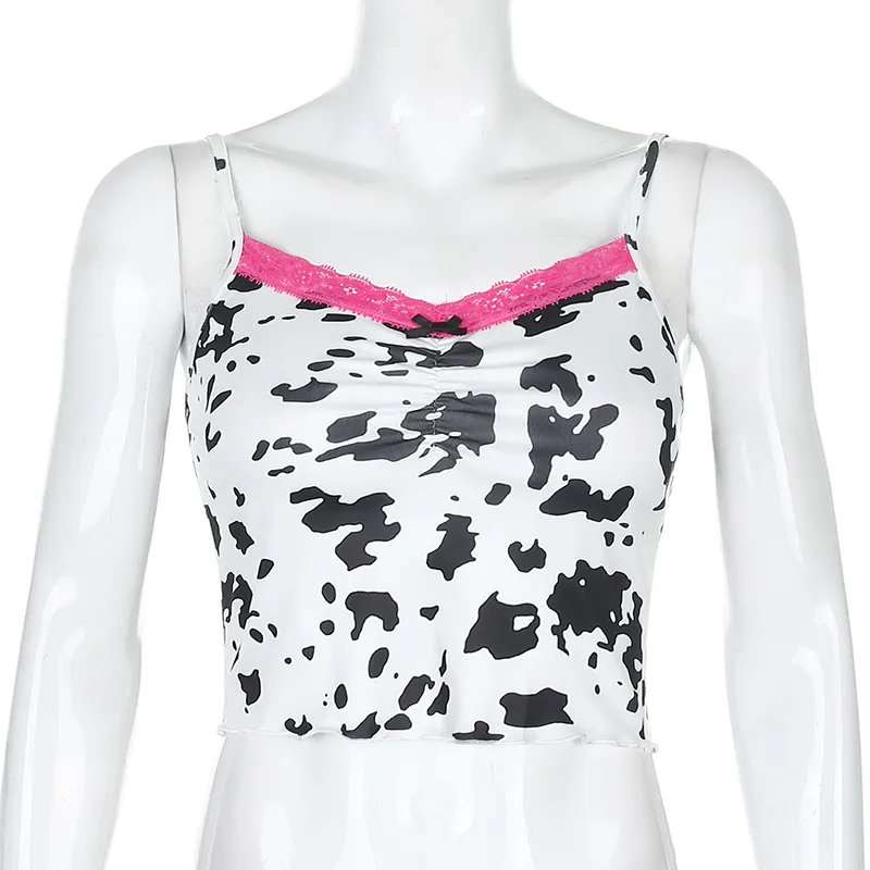 Słodka różowa koronka patchwork krowa druk Y2K Summer Camis Top z cienkim paskiem Backless Trend bez rękawów Rękawów Crop Cami 210510