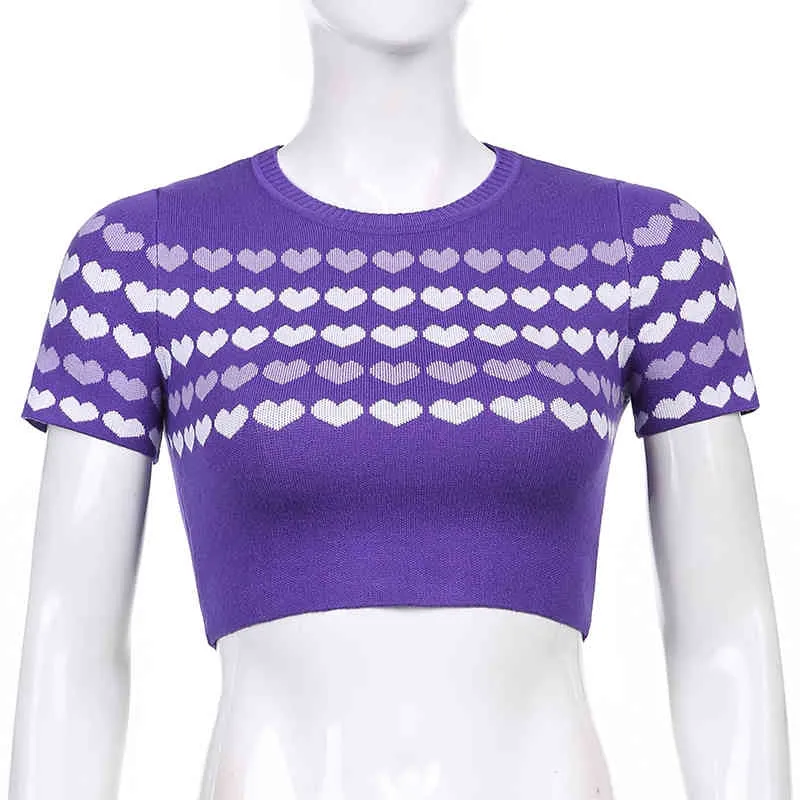 Kawaii Heart Print Y2K Knit Koszulki Dla Dziewczyn z krótkim rękawem Kobiet Summer O-Neck Slim Crop Top Stretch Soft Tee Koszula 210510
