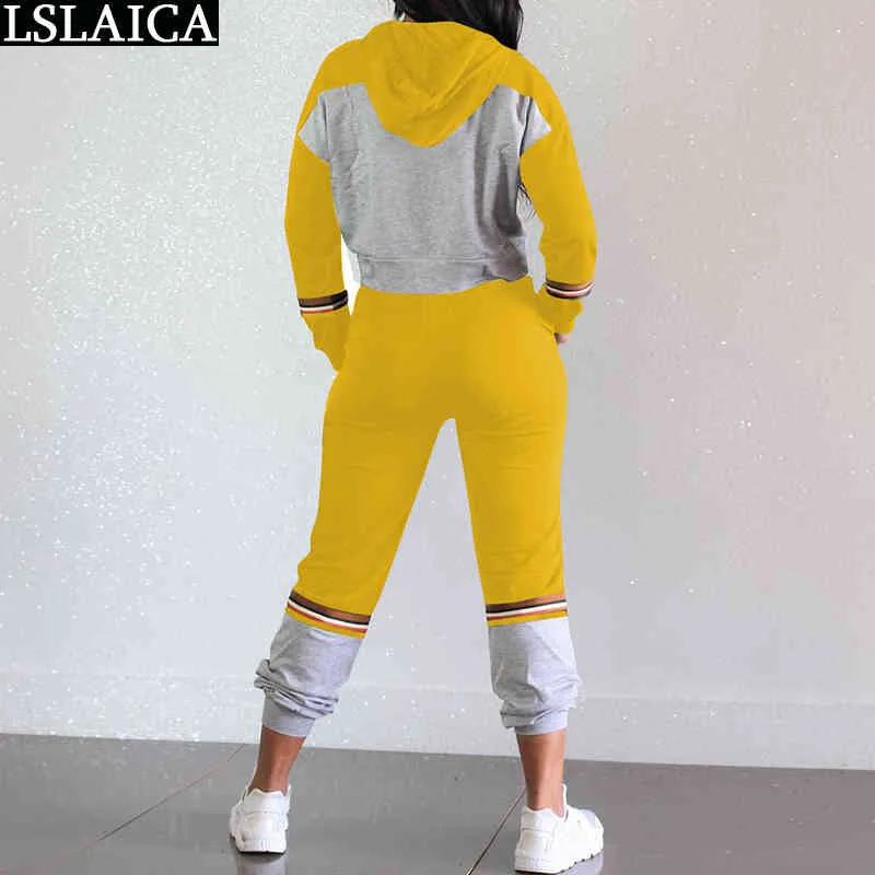 Jogging Garnitury Dla Kobiet Kolorblock Casual Bluza Bluzy Bluzy Spodnie Plus Size Stroje Streetwear Moda Dzianina Dwuczęściowy zestaw 210515